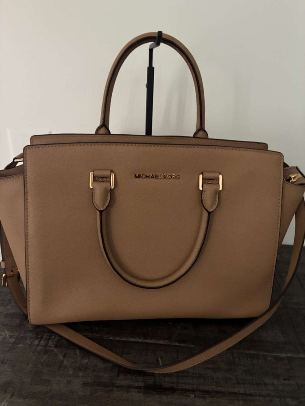 Michael Kors Beige Saffiano Leather Satchel with Gold Hardware